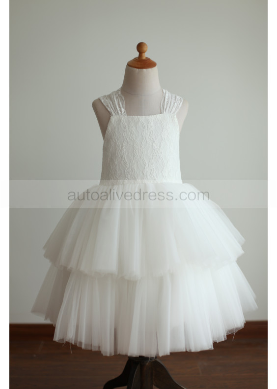 Ivory Lace Tiered Tulle Tea Length Cross Back Flower Girl Dress Ivory Lace Tiered Tulle Tea Length Cross Back Flower Girl Dress